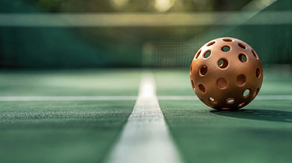 Premium indoor pickleball court with a golden pickleball on the line
